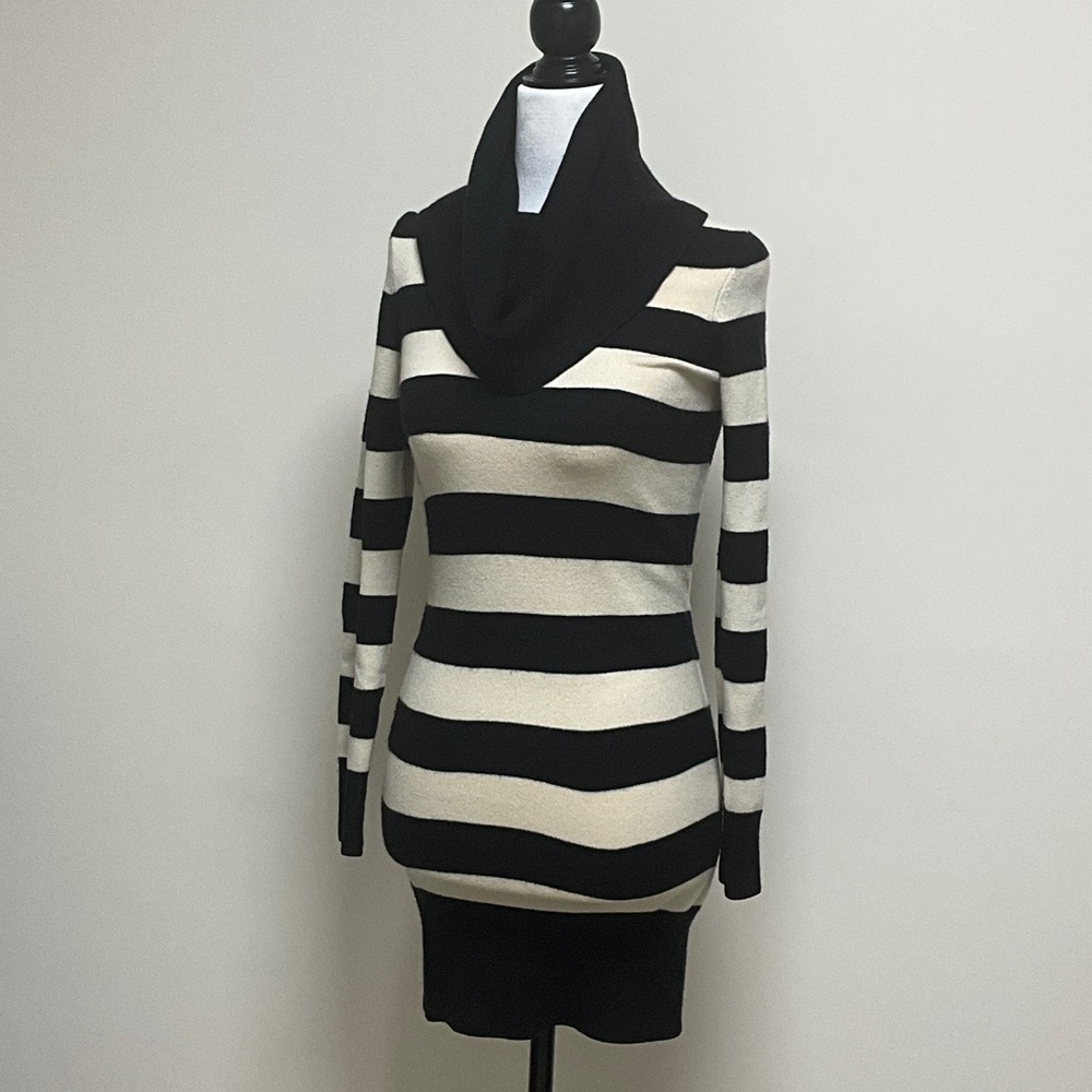 French Connection Black and Cream Striped Turtleneck Sweater dress